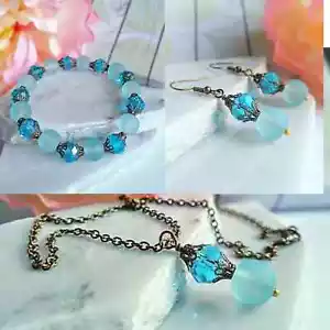 Blue Dangle Earrings and Stretch Bracelet Set - Dainty Jewelry Gift For Her - Picture 1 of 5