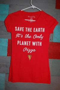 Jr Womens Red T-Shirt SAVE THE EARTH, IT'S THE ONLY PLANET WITH PIZZA Size L - Picture 1 of 1