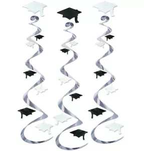 GRADUATION CAPS hanging party SWIRL DECORATION 3pc 30" school colors BLACK WHITE - Picture 1 of 1