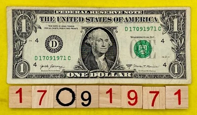 17 September 1971 ￼Birthday Note 17091971 Fancy Serial Number One Dollar Bill FW - Image 1 of 4