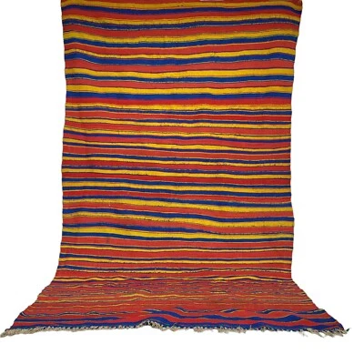 Vintage Handmade Moroccan Rug Blue Red Yellow Stripes Berber Tribal Wool Carpet - Image 1 of 4