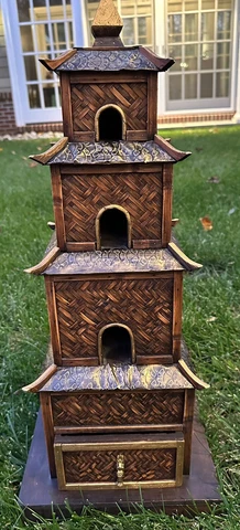 Vtg Chinese Pagoda Bird House Wooden Ornate 25” Multi-Level - Gold Accents NICE! Cover