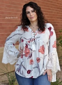 New Womens PLUS SIZE WHITE BOHO FLORAL LACE LOOSE BABYDOLL SHIRT TUNIC 1X 2X 3X - Picture 1 of 6