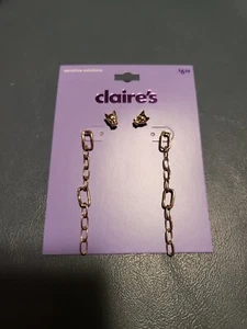 Claire's Pierced Earrings Set 2 Pair Dogs 1/4" & Chains 2.5" Customizable Gold - Picture 1 of 6