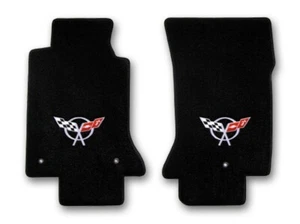 1997-2004 Corvette Lloyd Velourtex Front Floor Mats Black C5 Silver Crossflags - Picture 1 of 5