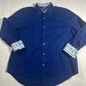 Camicia Robert Graham con bottoni uomo L polsino infradito blu ricamo paisley manica lunga - Foto 1 di 13