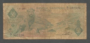 Kongo Dem Rep 50 Francs 1.9.1961; Poor; P-5a, BNB-B202a; Löwe; Berge - Bild 1 von 2