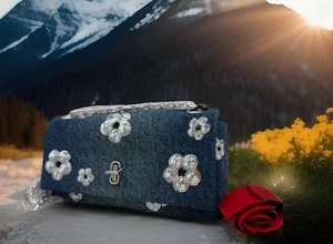 AUTH NWT Marc Jacobs The Dual Mini Sequin Daisy Denim Chain Strap Crossbody - Picture 1 of 22