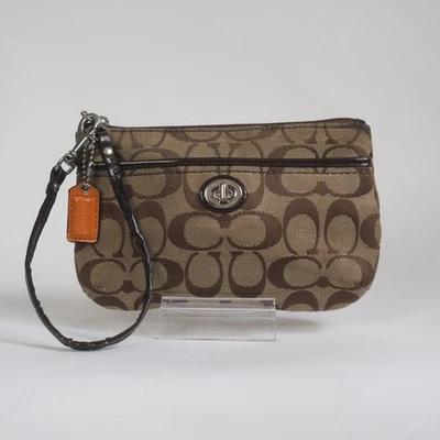 COACH Signature Park Khaki Brown Canvas Turn Lock Small Wristlet - Image 1 of 4