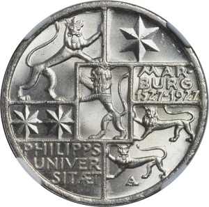 1927-A, Germany (Weimar). Silver 3 Mark Coin. University of Marburg. PCGS MS64! - Picture 1 of 3