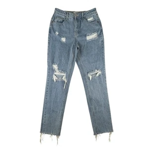 Jeans violoncello donna 1 blu invecchiato vita alta gamba dritta orlo grezzo 100% cotone - Foto 1 di 14