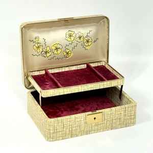 Vtg Farrington Texol Jewelry Box Yellow Black 8"x6" MCM Red Lining Flower-NO KEY - Picture 1 of 15