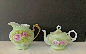 Pair Vintage Lefton Porcelain Roses Hand Painted Pitcher & Musical Box Tea Pot - Picture 1 of 9