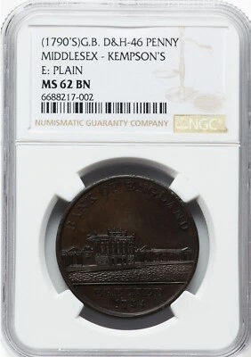 Great Britain - 1790's Middlesex - Kempson's Penny Merchant Token - NGC MS62 BN - Image 1 of 2