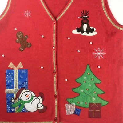 Mujeres Navidad Feo Suéter Chaleco Talla Grande Rojo Vacaciones Muñeco de Nieve Reno Años 80 Foto 1 de 4