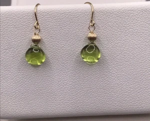 14k Gold Peridot Cabochon Earrings Dangle Natural Briolette Handmade - Picture 1 of 10