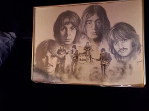 "The Beatles" 1976 Original Kunstdruck von Glen Banse gerahmt Gold Metall EXC L@@k! - Bild 1 von 4