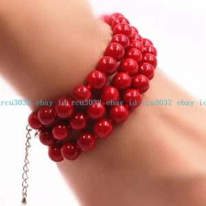 Beautiful 3 Rows 8mm Coral Red South Sea Shell Pearl Round Beads Bracelet 7.5'' - Picture 1 of 12