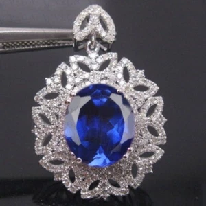 6.60ct Oval Natural Tanzanite & Diamond Pendant 18k White Gold Plated No Chain - Picture 1 of 10