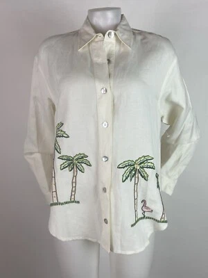 Blusa Coldwater Creek Mediana Marfil Mezcla de Lino Bordada Palmera Tropical Foto 1 de 4