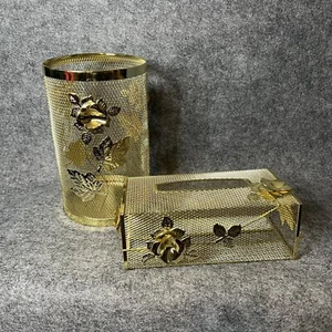 Gold Wire Waste Can And Tissue Box Holder Vintage - Picture 1 of 11