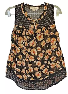 Knox Rose Blouse Small Sleeveless Floral Semi Sheer Tassel Tie Smocked Pullover - Picture 1 of 8