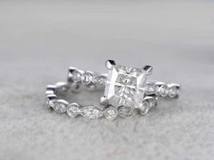 2CT Princess Cut Lab Created Diamond Engagement Bridal Band Ring Set925 Silver - Picture 1 of 7