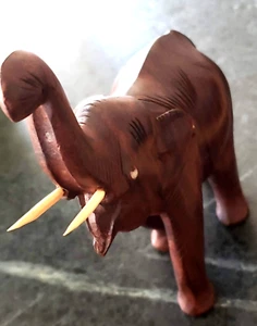 Rosewood Indian 6" HandCarved Elephant w/Tusks Trunk Up 1950/1960s - Picture 1 of 10