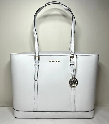 MICHAEL KORS JET SET TRAVEL LARGE OPTIC WHITE LEATHER TZ SHOULDER TOTE BAG - Image 1 of 4