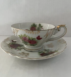 Vtg Trimont ? Pink Roses Floral Teacup Saucer Japan Gold Accents Perforated - Picture 1 of 8