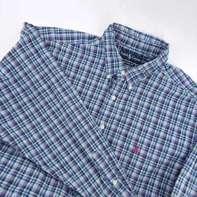 Ralph Lauren 纽扣衬衫男式 XL 蓝色格子经典合身长袖标志 — 第 1/4 张图片