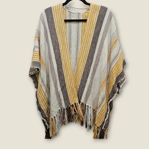Aerie Poncho Pullover Damen gestreift Fransen braun gelb beige Boho Strick - Bild 1 von 5