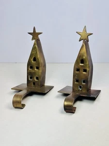 Vtg Crate & Barrel Brass House Christmas Stocking Hook Holder Set Of 2 - Picture 1 of 4