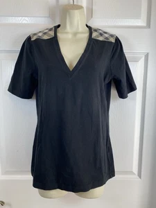 Burberry London Women’s Black V-Neck Check Shoulder T-Shirt Top L Nova Check - Picture 1 of 9