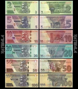 Zimbabwe FULL SET 6 Pcs 2, 5 ,10, 20, 50 & 100 Dollars 2019-2022 NEW-UNC - Picture 1 of 1