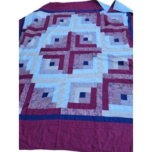 Hand Stitched Patchwork Quilt Burgundy Blue Classic Log Cabin Design 84x84in - Picture 1 of 6