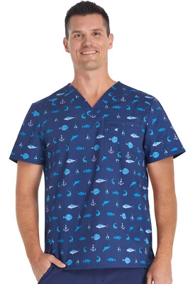 Gone Fishin' Cherokee Scrubs Genuine Mens V Neck Top CK692 GNFS - Image 1 of 4