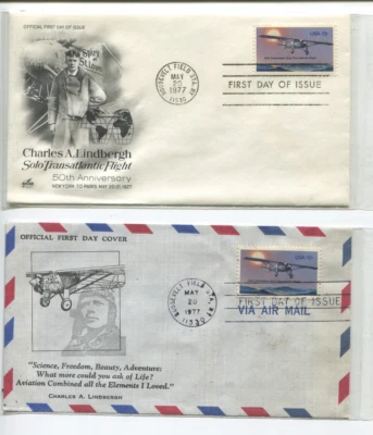 Pair SC #1710 FDCs*1977*artcraft/ airmail envelopes Lindbergh 50th Anniversary - Image 1 of 2