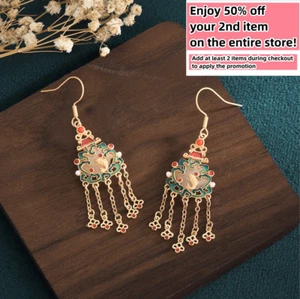 Pendientes colgantes de gota bohemia Jade Cloisonne gancho étnico borla chapado en oro 18K - Imagen 1 de 7
