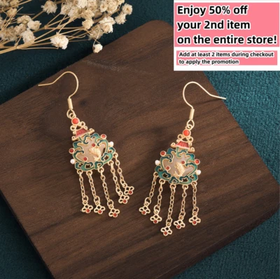 Jade Cloisonne Bohemian Drop Dangle Earrings Ethnic Tassel Hook 18K Gold Plated - Image 1 of 4