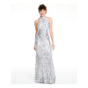 B Darlin Junior Womens 1/2 Silver Sequined Halter Shift Maxi Long Dress NWOTDC14 - Picture 1 of 3