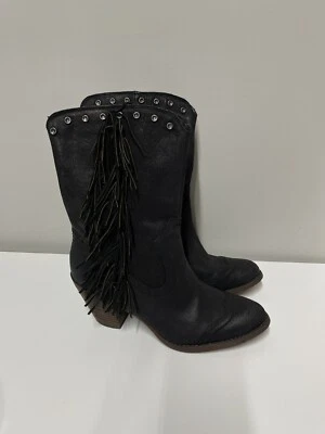 Botas vaqueras vaqueras de lujo Rebel para mujer de cuero negro con flecos 8M EE. UU. (38 1/2 UE) Foto 1 de 4