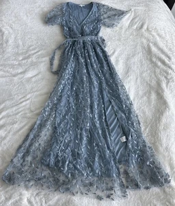 Baltic Born XS Marseille Embroidery Maxi Dress Blue Slit Belt Peasant Floral - Picture 1 of 13