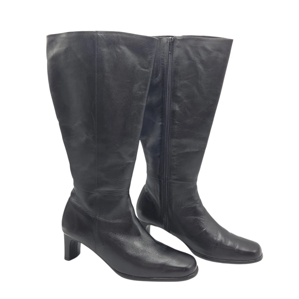 Силуэты черной кожи колена сапоги квадратный носок шириной икры 9 Вт гранж стиль - Изображение 1 из 4