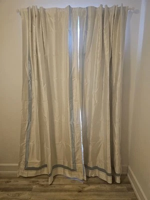 White Satin Light Blue Stripe Nursery Blackout Curtains 84x49 - Image 1 of 4