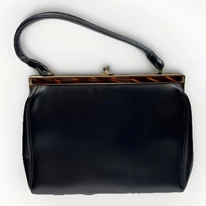 Borsa vintage metà secolo nera bordo tartaruga ecopelle chiusura bacio retrò - Foto 1 di 8