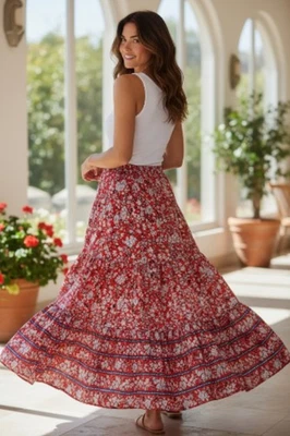 Falda CHAPS Mujer Grande Roja En Niveles Vaquera Occidental Boho Forrada Pull Up Foto 1 de 4