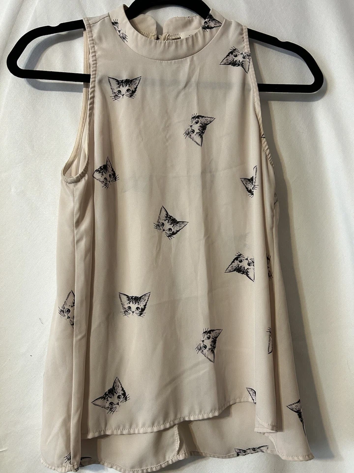 Everly Dressy Tank Top Shirt Cat Head Design Size S (S67) - Imagem 1 de 4