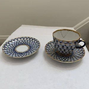Lomonosov Cobalt Net Demitasse Porcelain Teacup & Saucer Blue USSR Mark 22k Gold - Picture 1 of 11