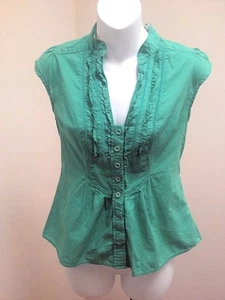 Anthropologie Edme Esyllte 2 Top Green Ruffled Cap Sleeve Button Shirt - Picture 1 of 4
